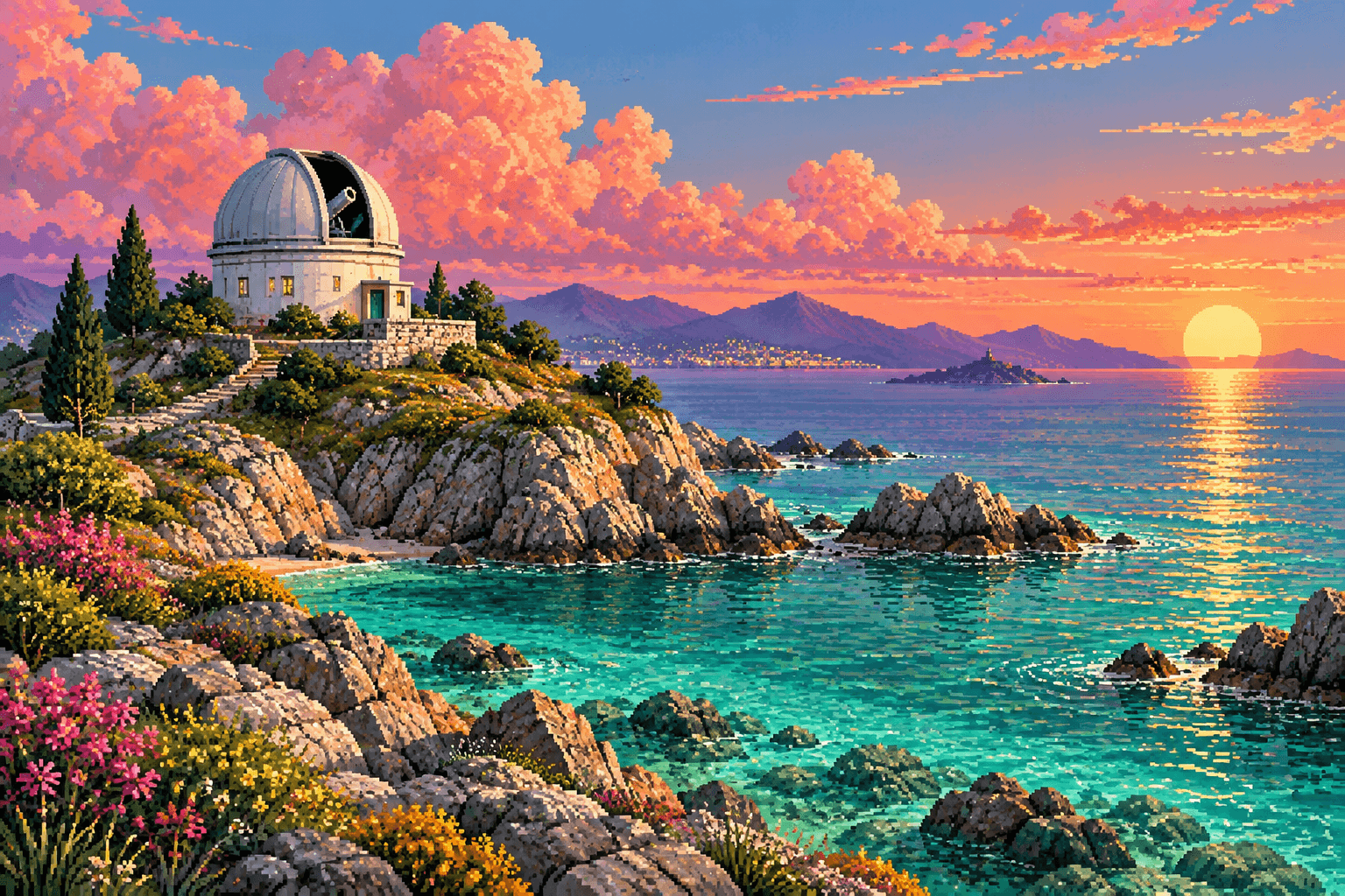 An observatory beneath a starry sky, the sample image in Steganography Lab